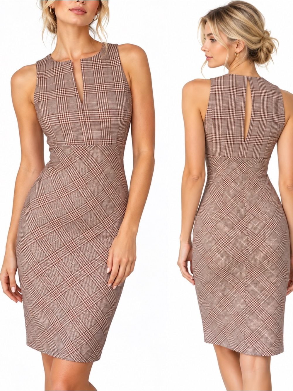 W by Worth Plaid Checked V-Neck Sheath Dress